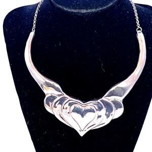 Vintage Sterling Silver Heart Figural Statement Choker Necklace Stunning